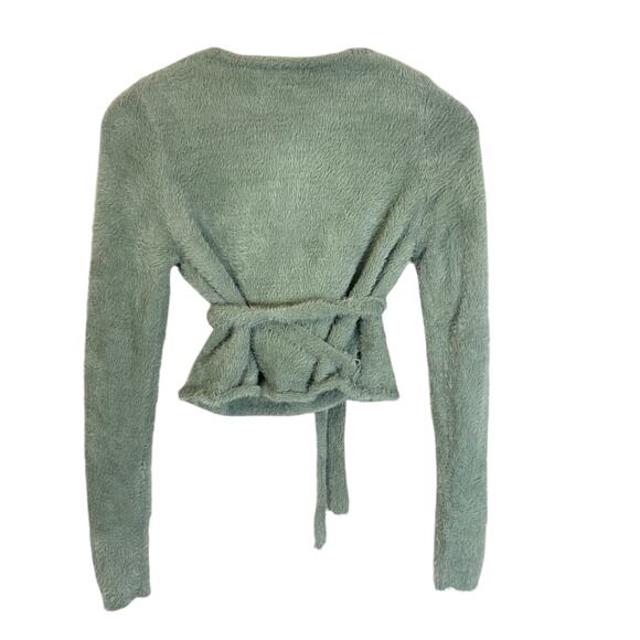 Forever 21 NWT Cropped Sweater-Knit Wrap Top Green Fuzzy Cardigan Sz L - Picture 12 of 12